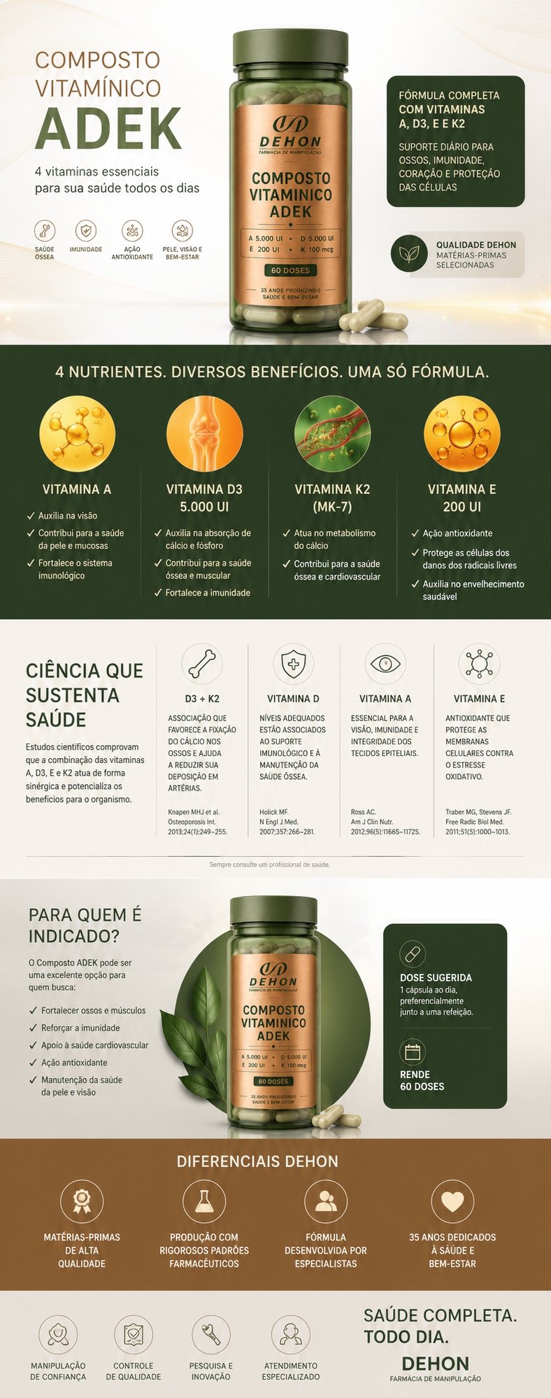 Composto ADEK Dehon com Vitaminas A, D3 5000 UI, E e K2 para sa&uacute;de &oacute;ssea, imunidade e a&ccedil;&atilde;o antioxidante.